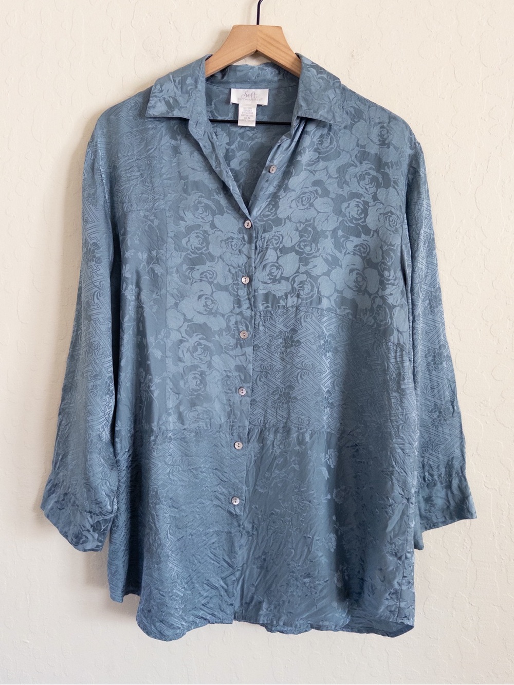 Vintage Soft Surroundings 100% Silk Jacquard Floral Button Front Tunic Blouse M